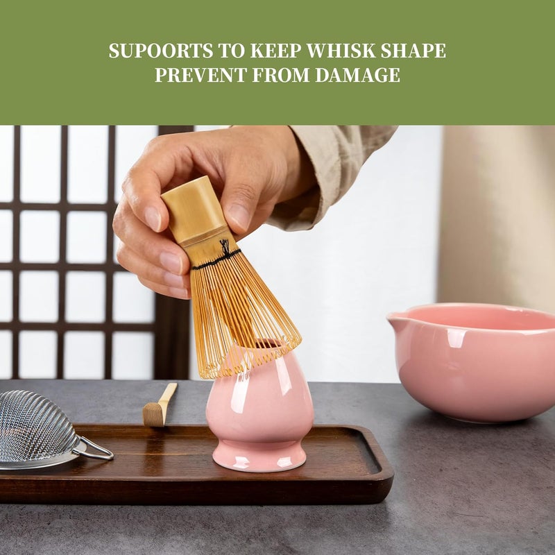 YIBO Matcha Whisk Set Pink, Handcrafted Bamboo Chasen & Ceramic Bowl Matcha Kit, Holder, Stainless Steel Sifter, Scoop Measuring Spoon & Cup Tools for Matcha Tea Ceremony - Image 5